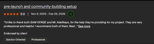 Pre-launch & community-building setup: original client review screenshot